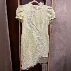 Yellow Textured Mini Dress | Ruffles, Pearls, and Tassels | Size in description